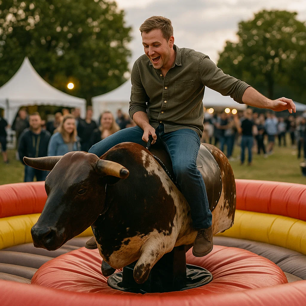 adrenaline-pumping crowd enjoying mechanical bull at university orientation
