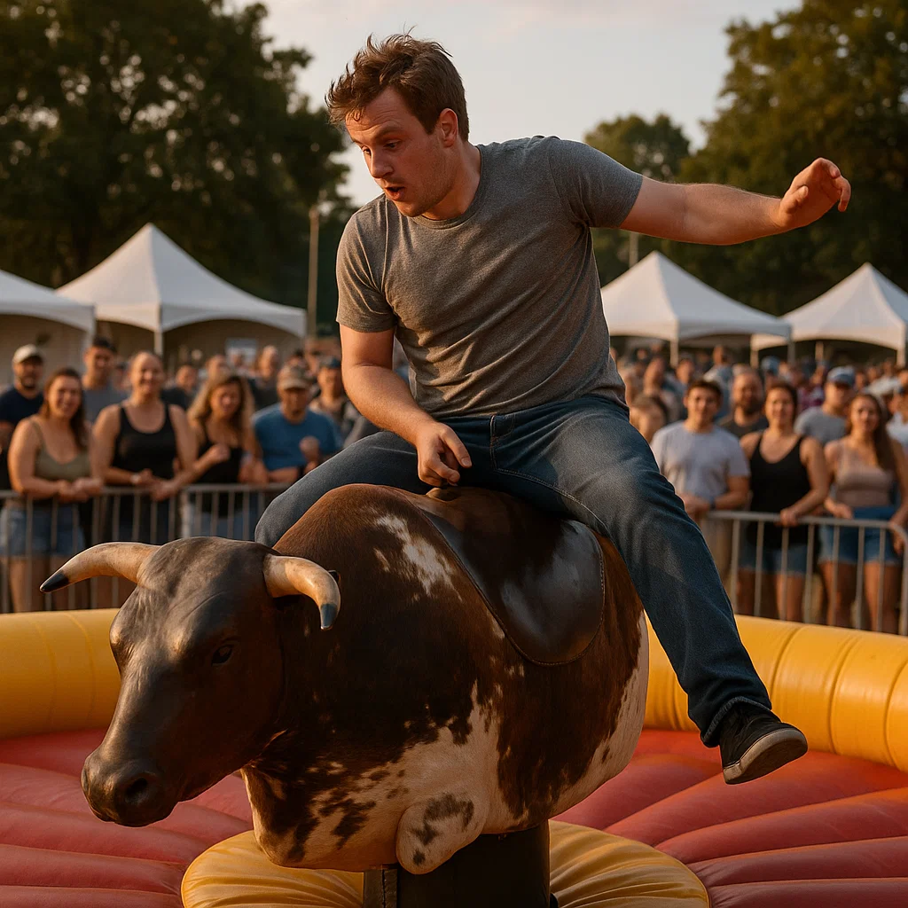 Testing skills on the mechanical bull during interactive outdoor concert
