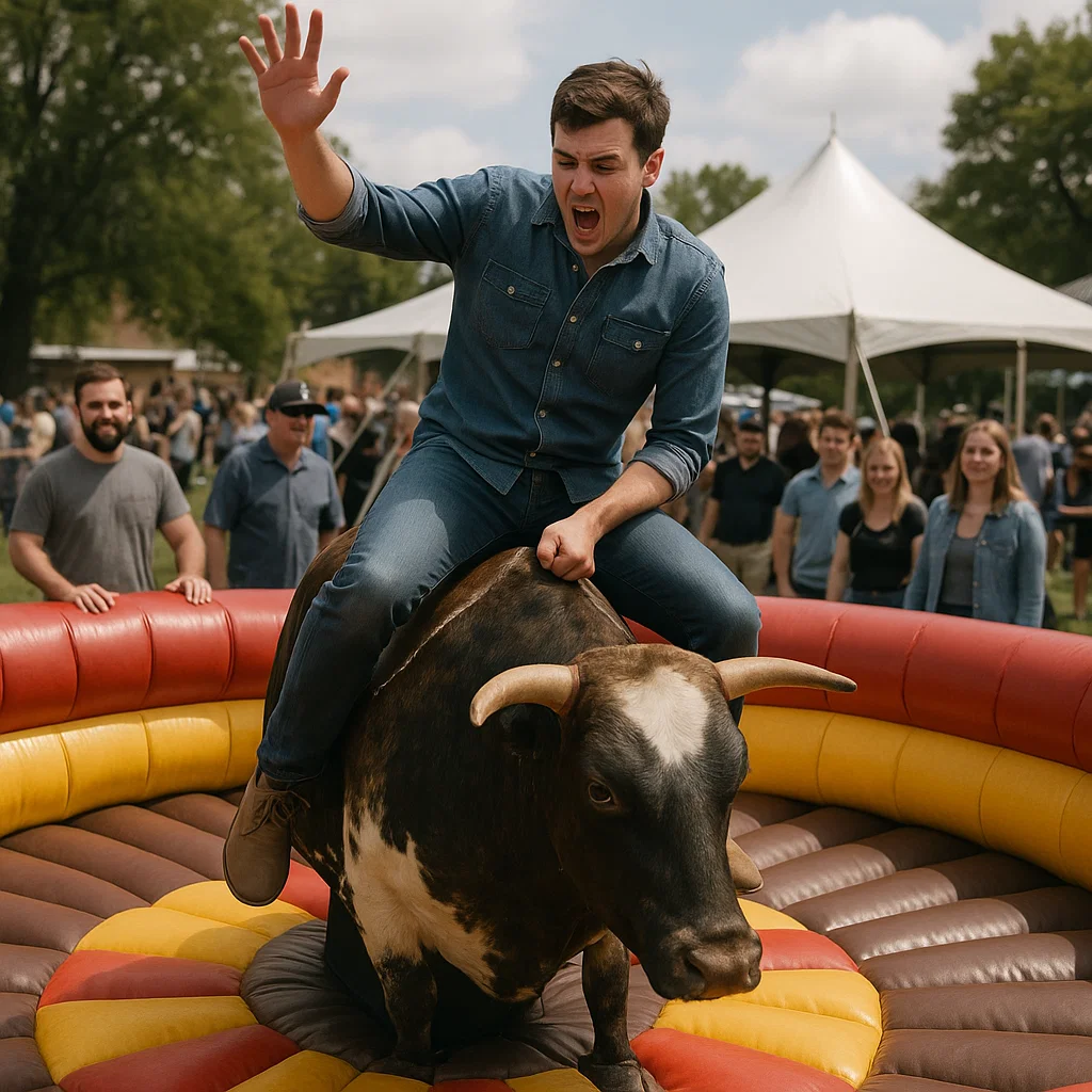 interactive crowd enjoying mechanical bull at summer picnic