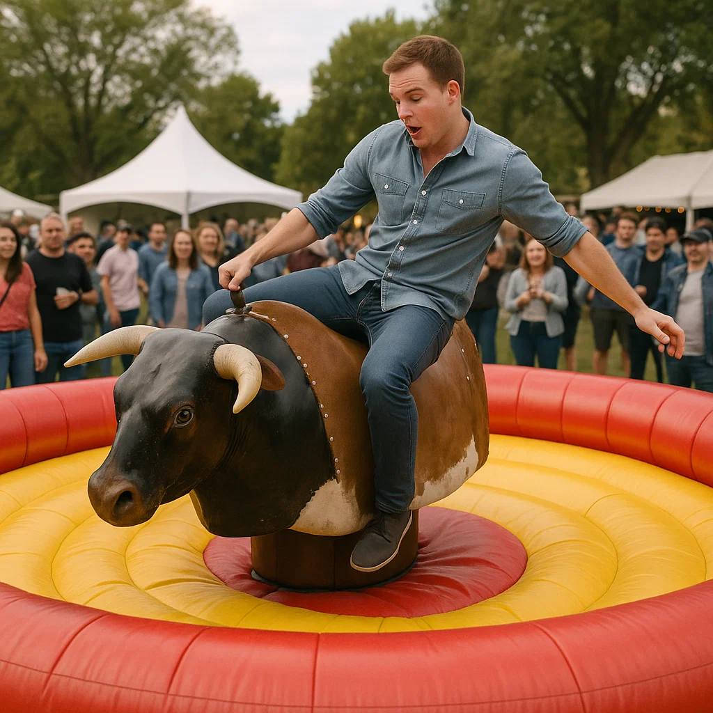 Taming mechanical bull during show-stopping sports tailgate