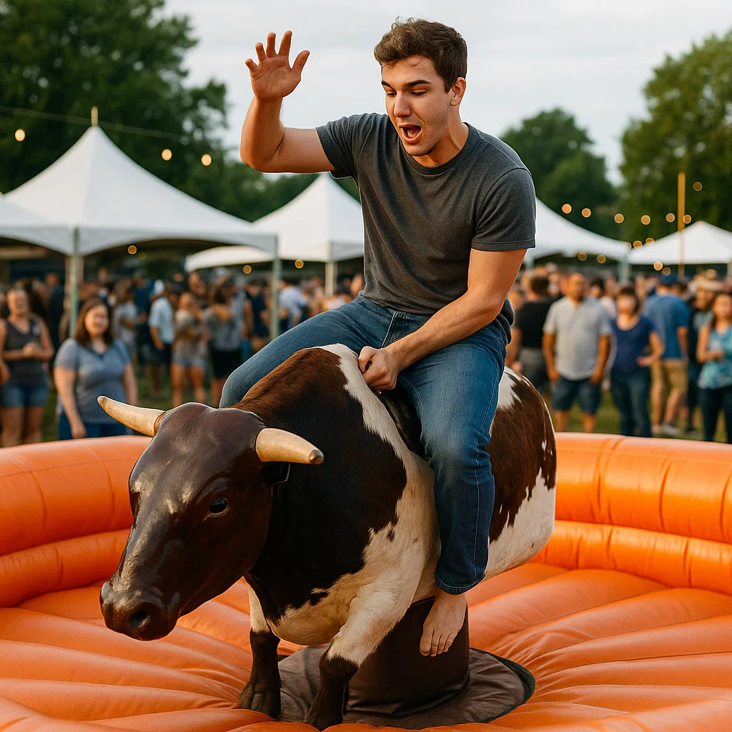 Taming mechanical bull during pulse-racing holiday celebration