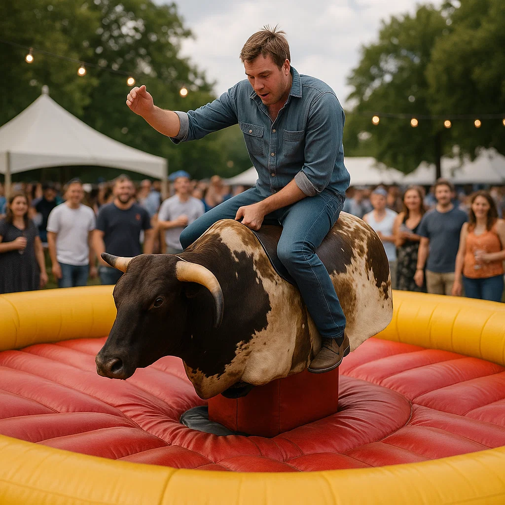 Challenging mechanical bull during energetic outdoor concert