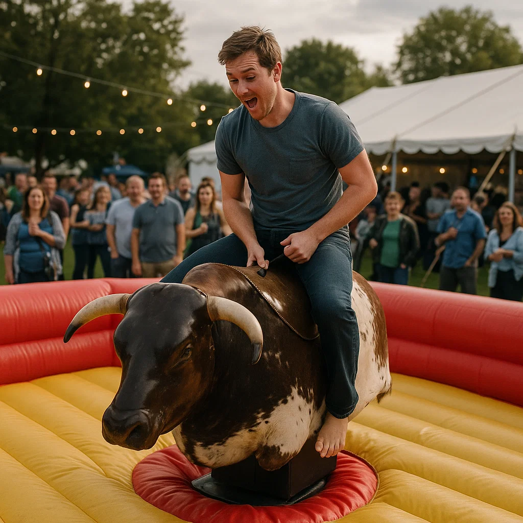 interactive crowd enjoying mechanical bull at barbecue bash