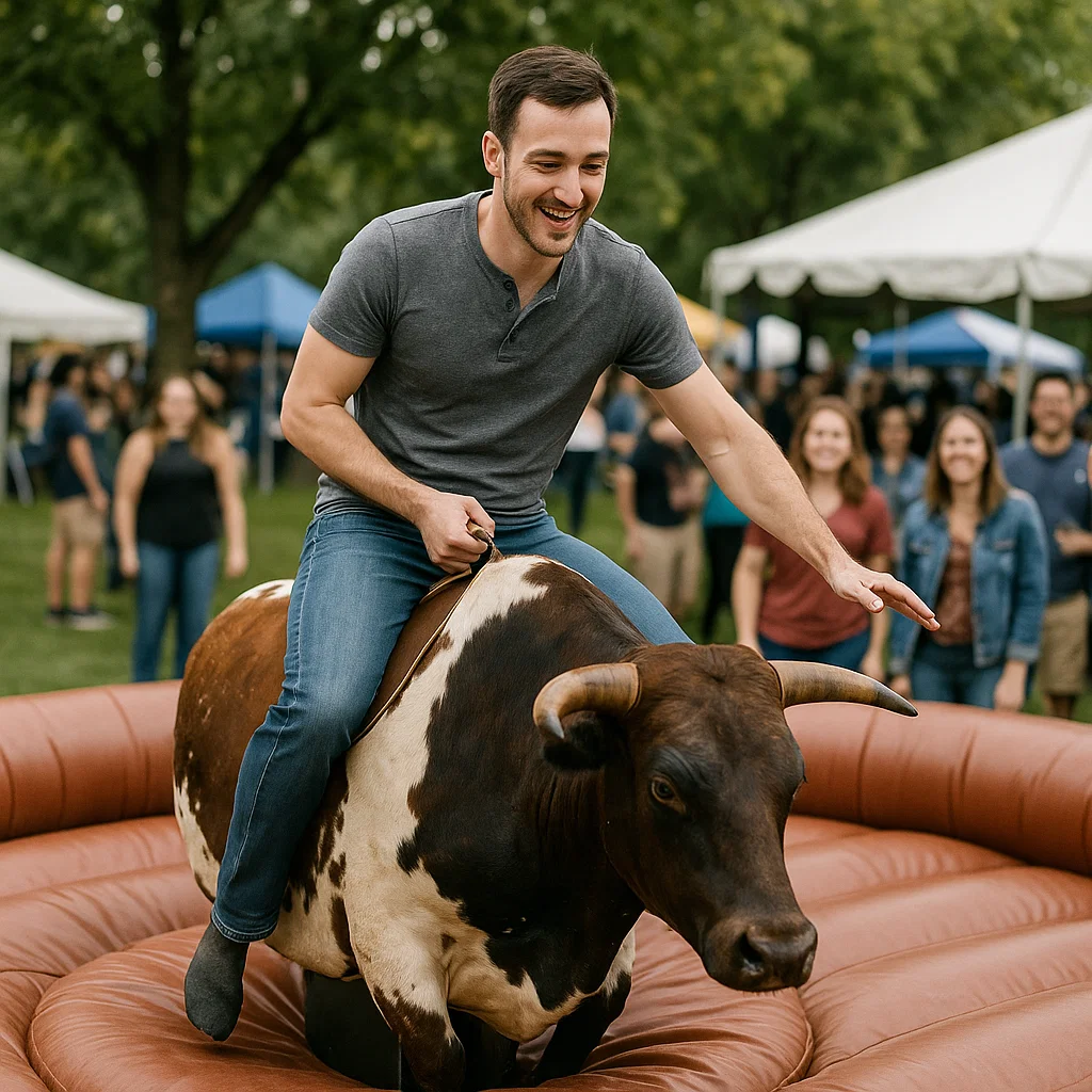Taming mechanical bull during energetic street fair