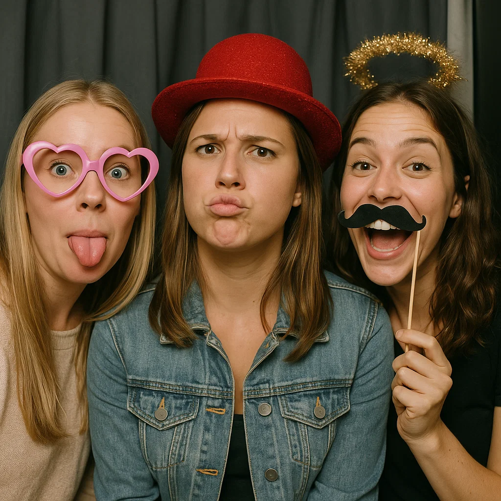 Guests strike giant sunglasses in rustic photo booth rental by Party Pros East Coast