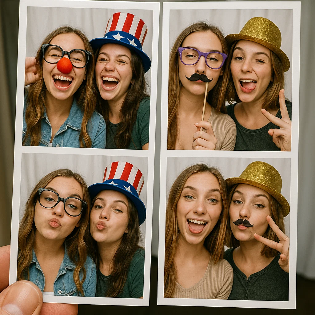 Guests strike neon wigs in neon-lit photo booth rental by Party Pros East Coast