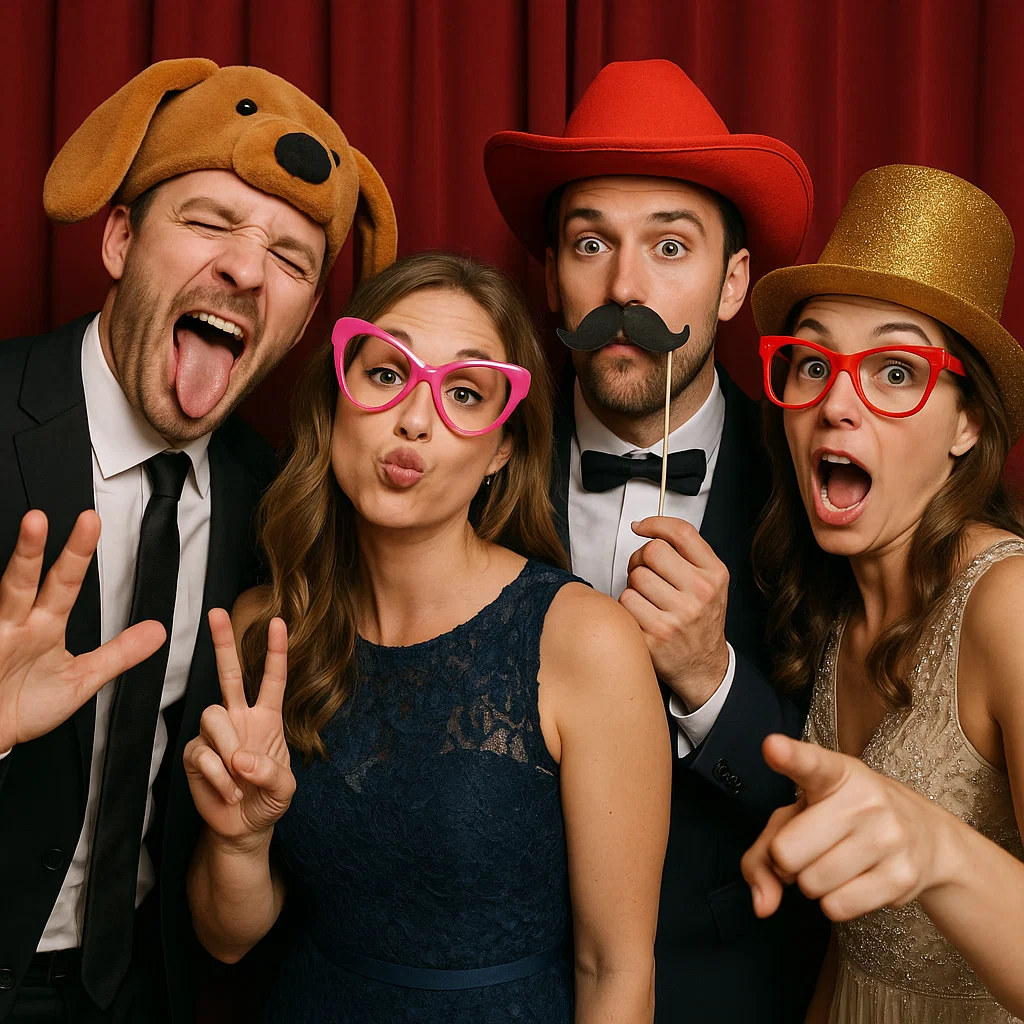 Guests strike oversized hats in garden photo booth rental by Party Pros East Coast
