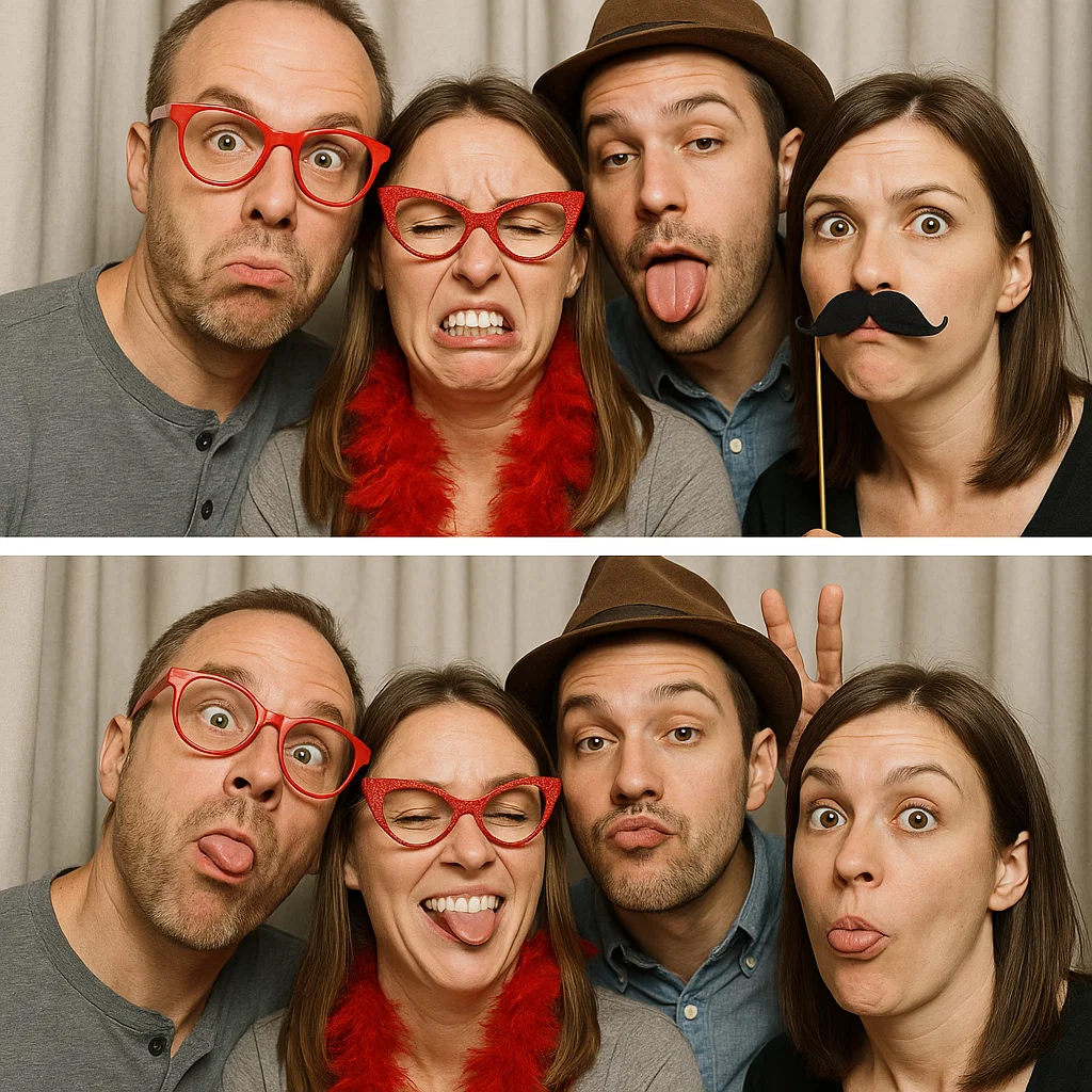 Guests strike peace signs in carnival photo booth rental by Party Pros East Coast