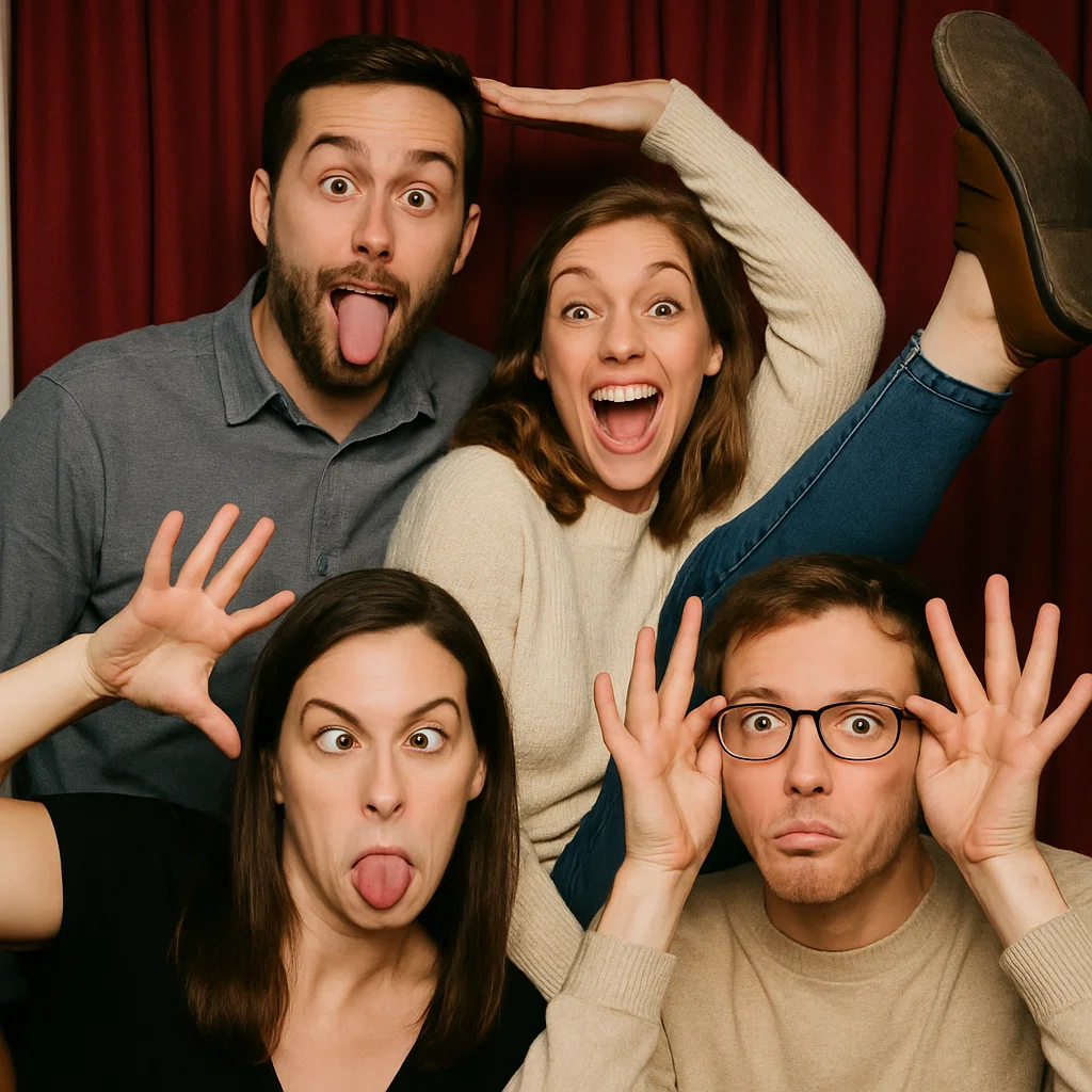 Guests strike neon wigs in wedding photo booth rental by Party Pros East Coast