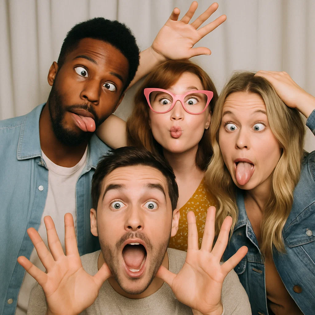 Guests strike tongues out in reunion photo booth rental by Party Pros East Coast