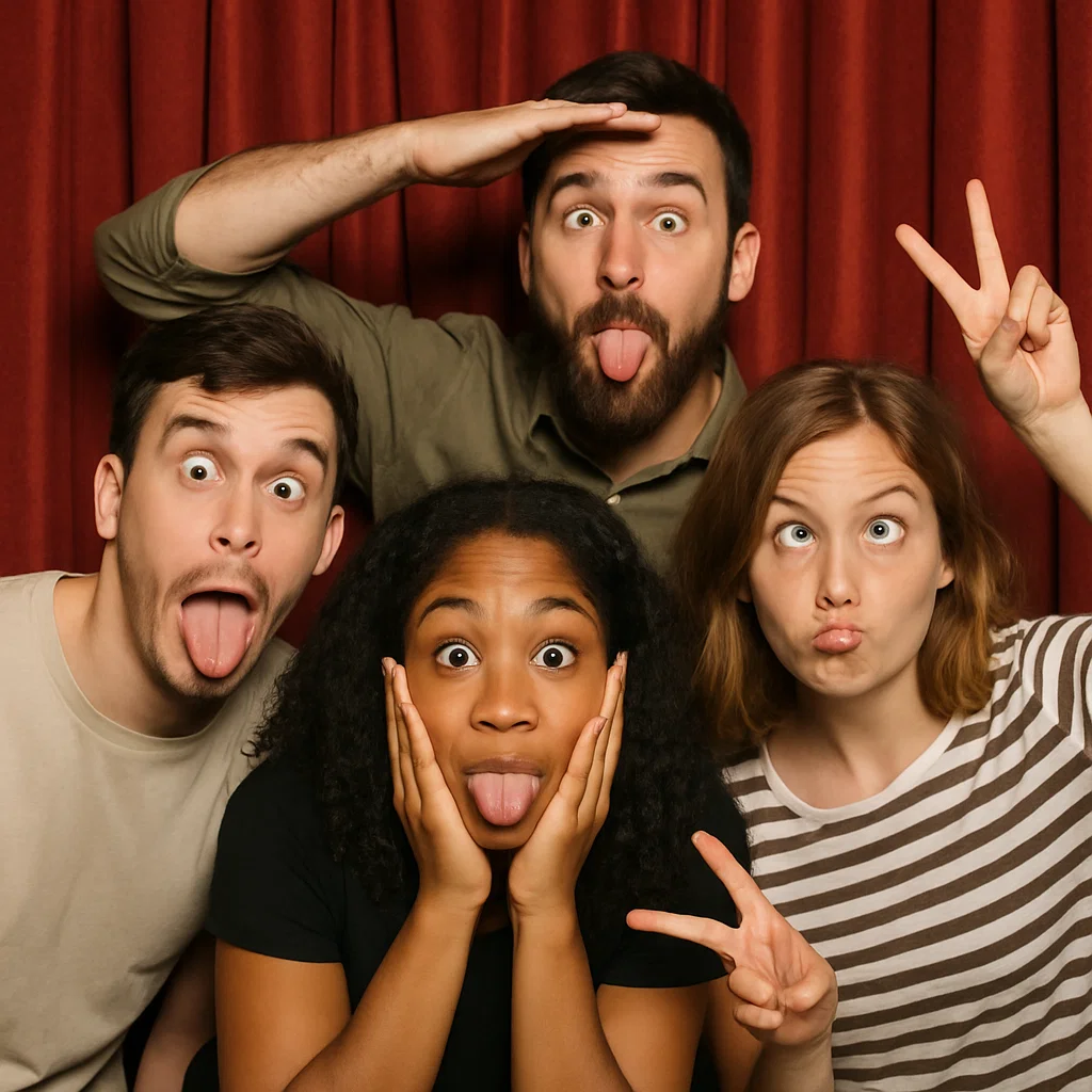 Guests strike jumping mid-air in team-building photo booth rental by Party Pros East Coast