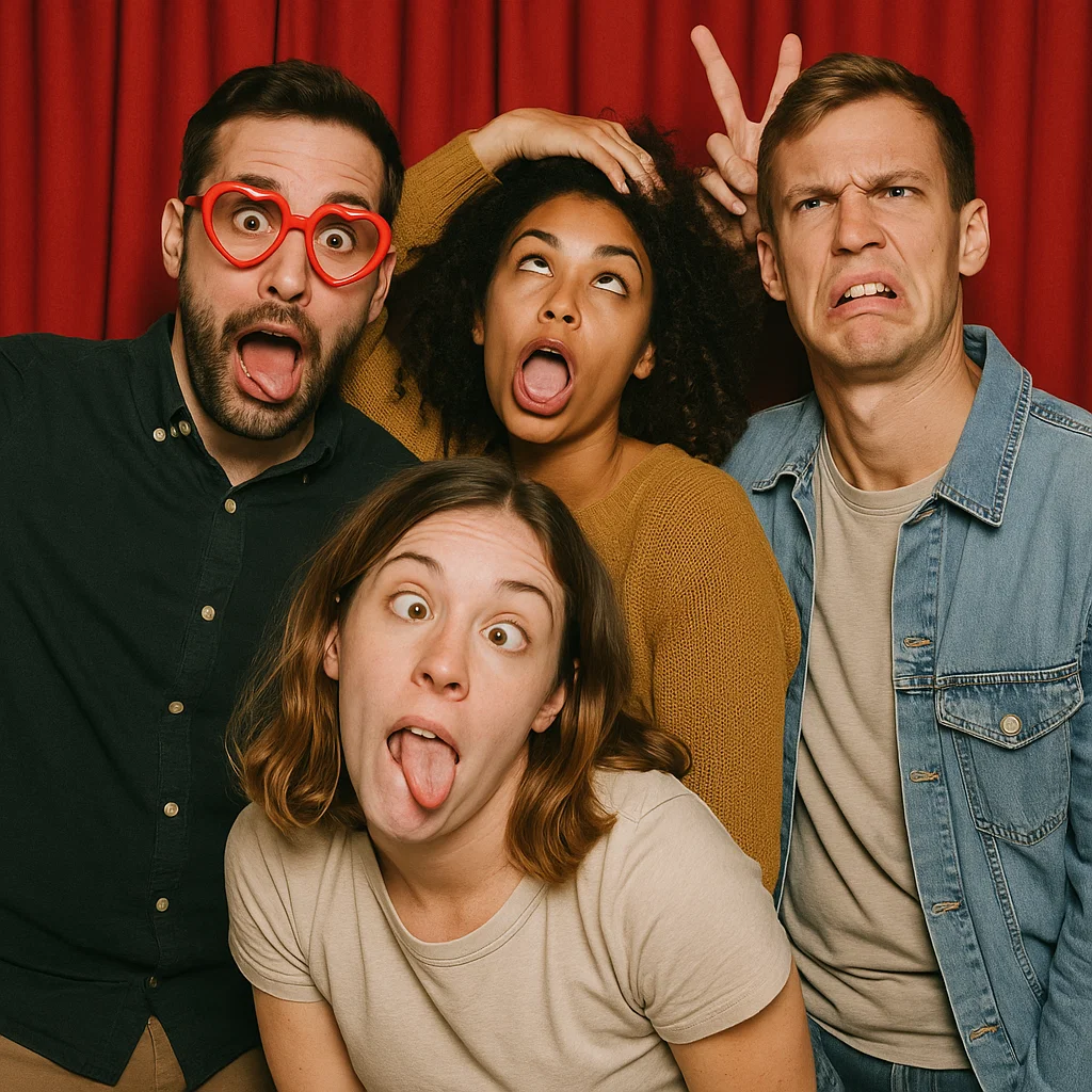 Guests strike prop mustaches in open-air photo booth rental by Party Pros East Coast