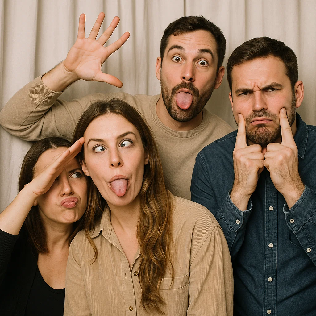 Guests strike oversized hats in enclosed cabin photo booth rental by Party Pros East Coast