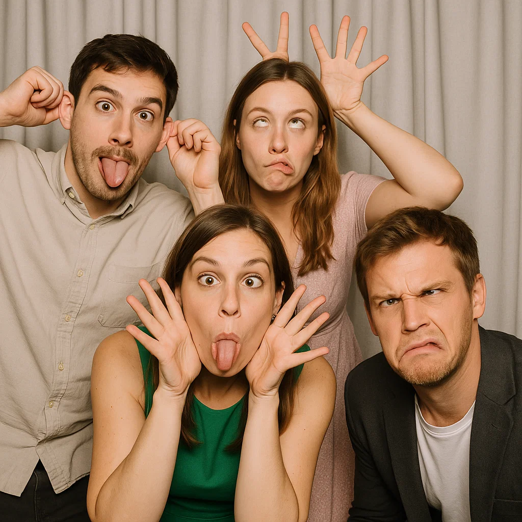 Guests strike goofy poses in 360 photo booth rental by Party Pros East Coast