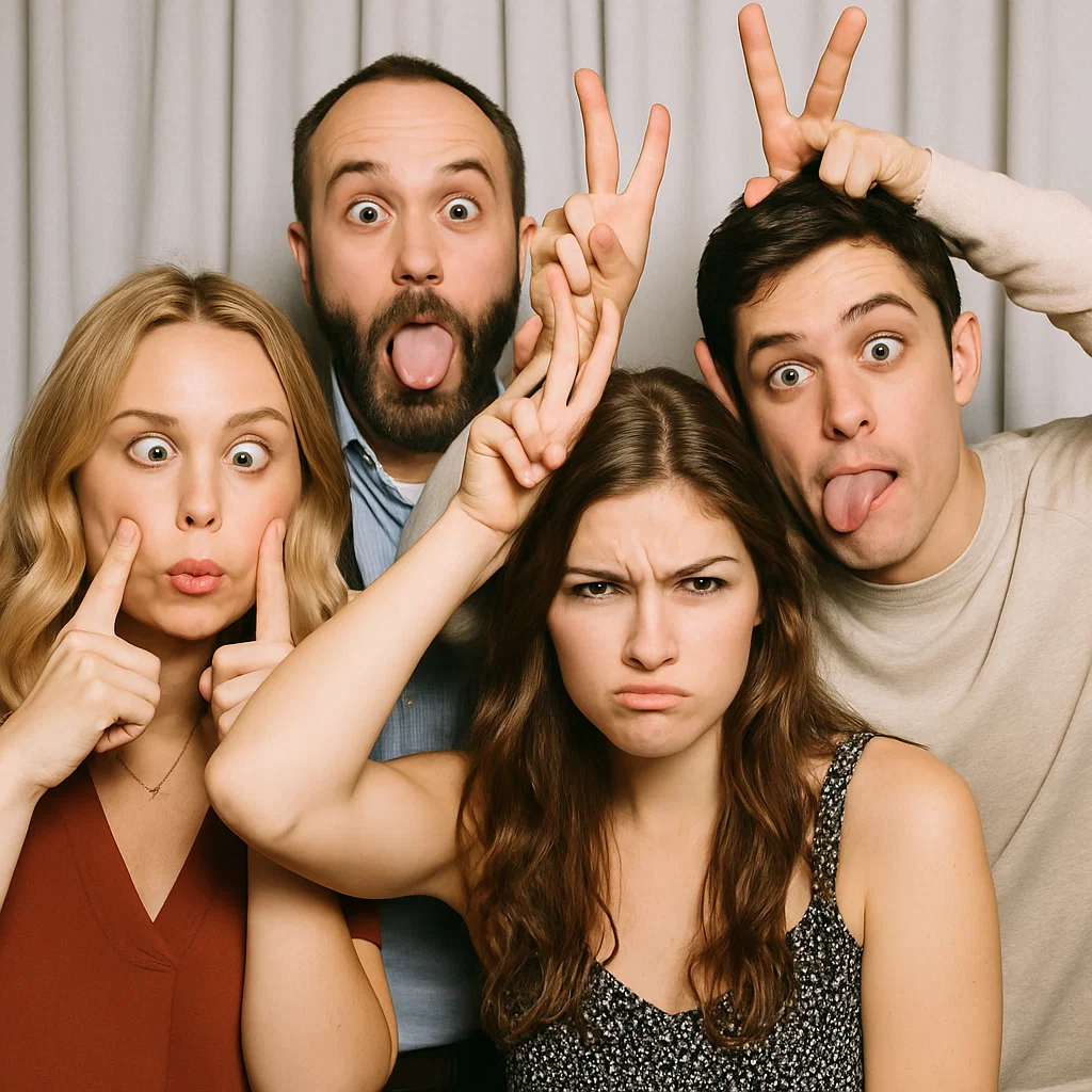 Guests strike dab moves in rustic photo booth rental by Party Pros East Coast