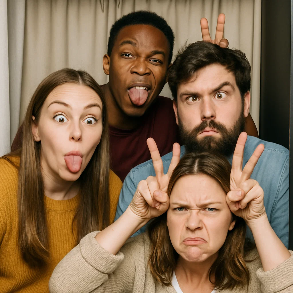 Guests strike giant sunglasses in neon-lit photo booth rental by Party Pros East Coast