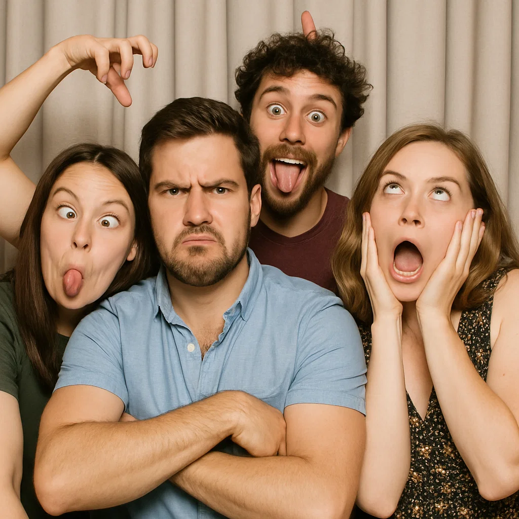 Guests strike hugging friends in garden photo booth rental by Party Pros East Coast