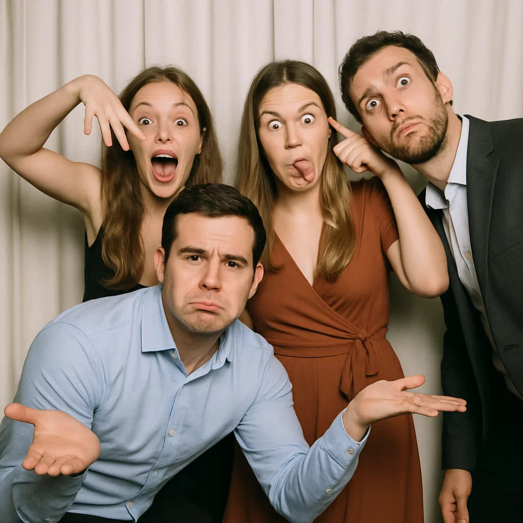 Guests strike prop mustaches in beach photo booth rental by Party Pros East Coast