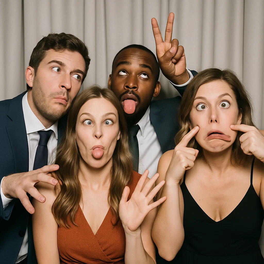 Guests strike goofy poses in carnival photo booth rental by Party Pros East Coast