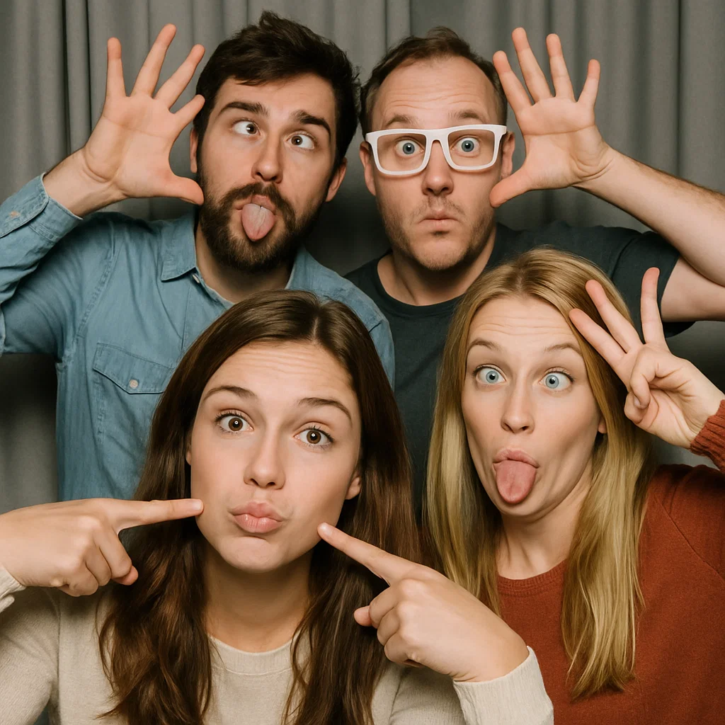 Guests strike funny faces in casino night photo booth rental by Party Pros East Coast