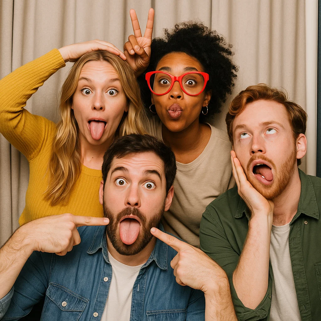 Guests strike neon wigs in anniversary photo booth rental by Party Pros East Coast