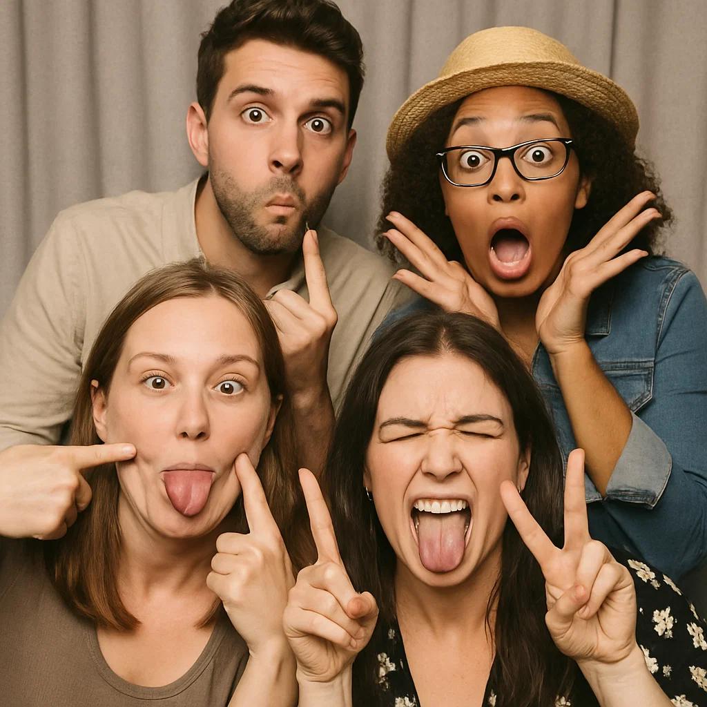 Guests strike prop mustaches in 360 photo booth rental by Party Pros East Coast