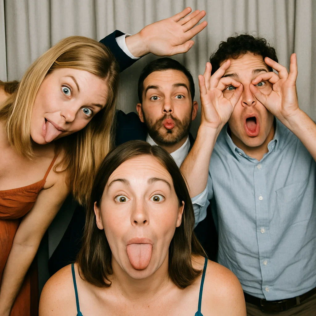 Guests strike goofy poses in modern photo booth rental by Party Pros East Coast