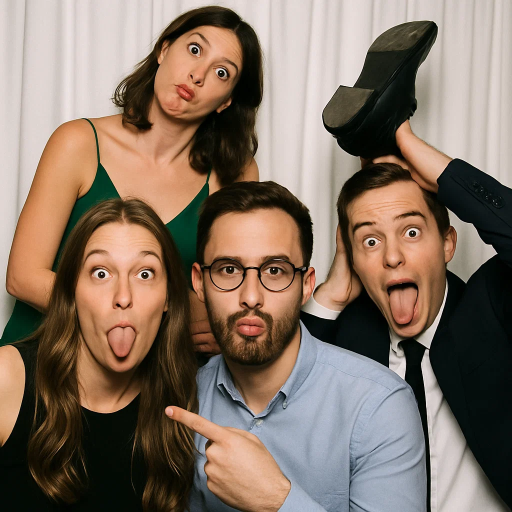 Guests strike funny faces in rustic photo booth rental by Party Pros East Coast