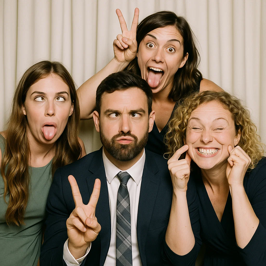 Guests strike giant sunglasses in winter wonderland photo booth rental by Party Pros East Coast