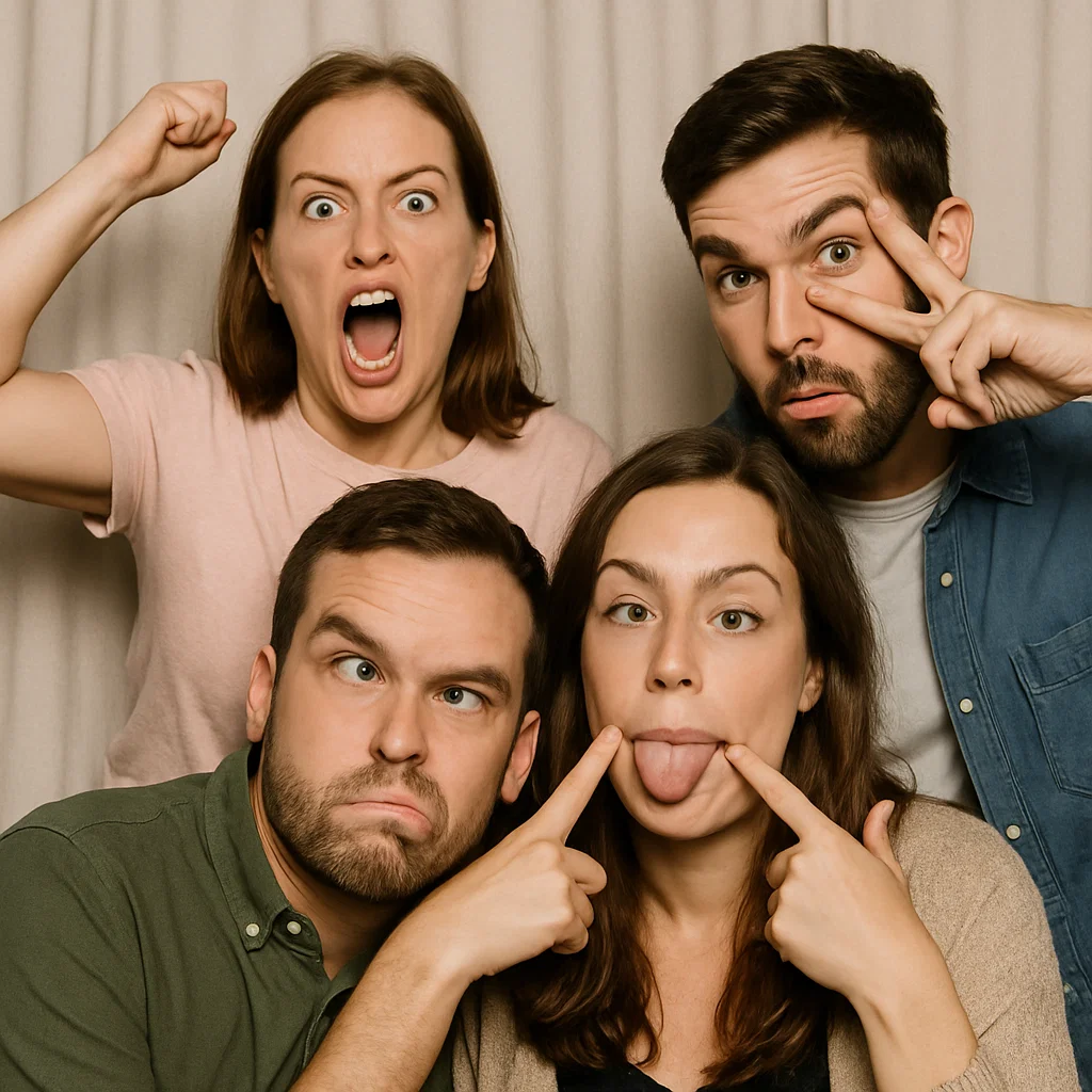 Guests strike feather boas in glow photo booth rental by Party Pros East Coast