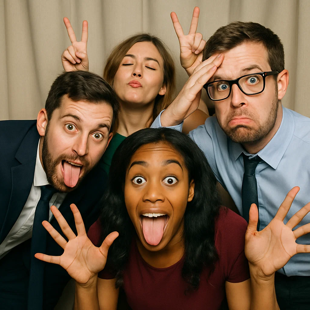 Guests strike neon wigs in floral photo booth rental by Party Pros East Coast