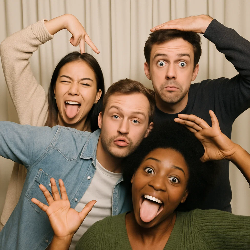 Guests strike back-to-back stances in cosmic photo booth rental by Party Pros East Coast