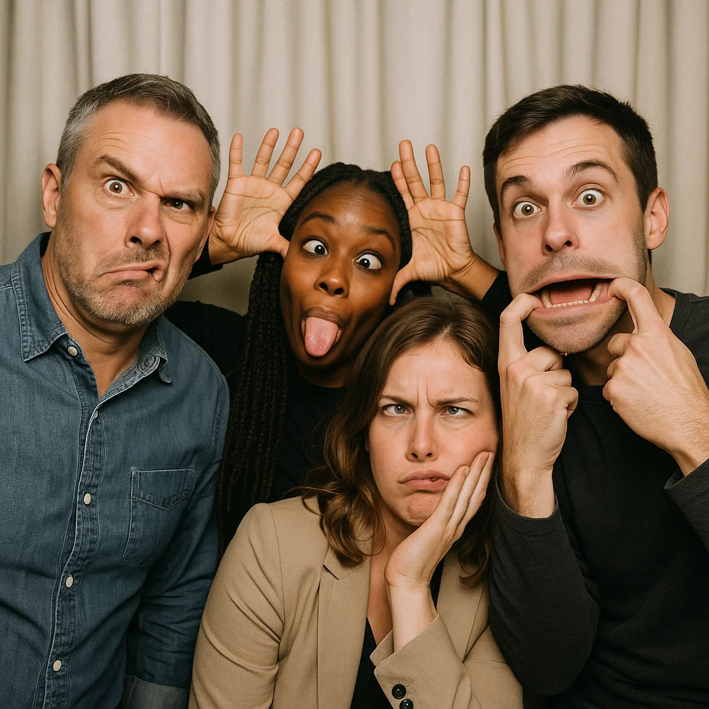 Guests strike jumping mid-air in beach photo booth rental by Party Pros East Coast