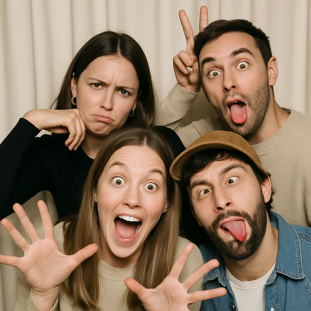 Guests strike silly props in birthday photo booth rental by Party Pros East Coast