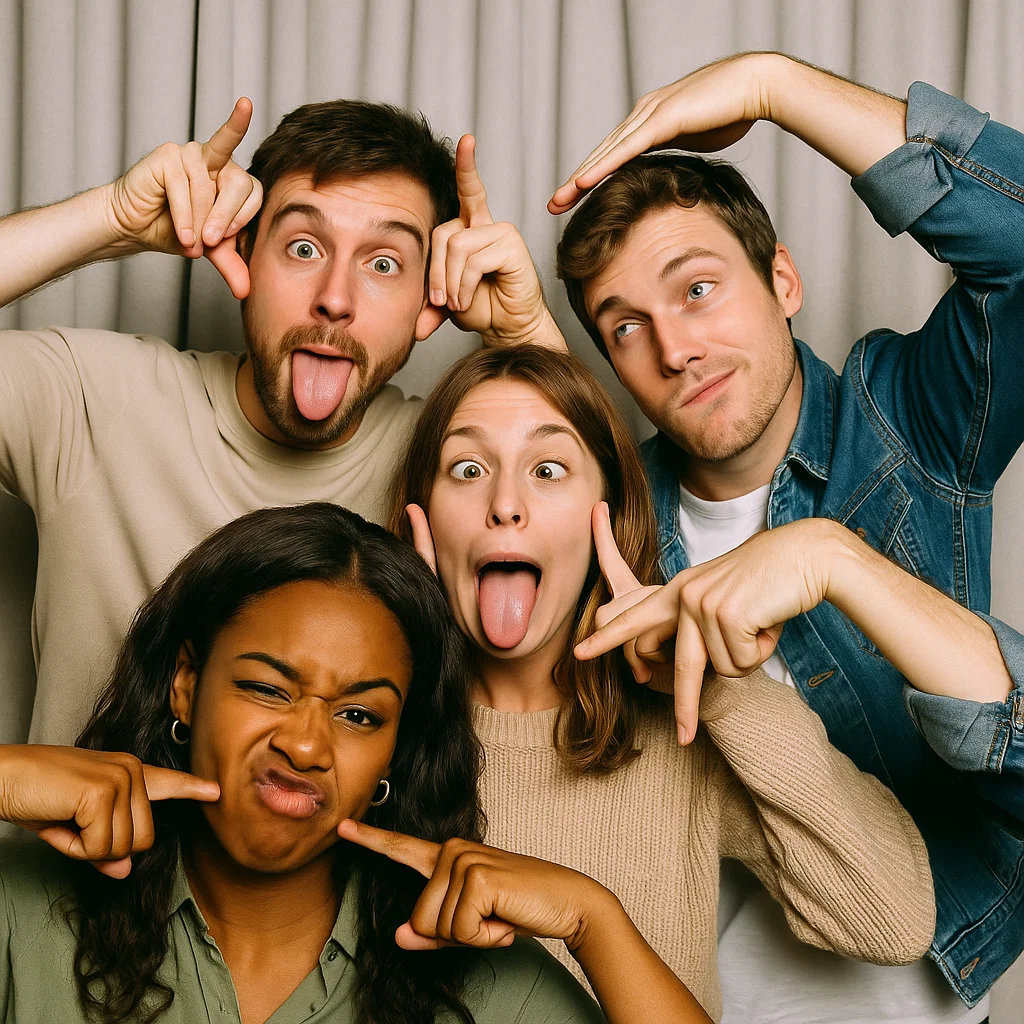 Guests strike back-to-back stances in team-building photo booth rental by Party Pros East Coast