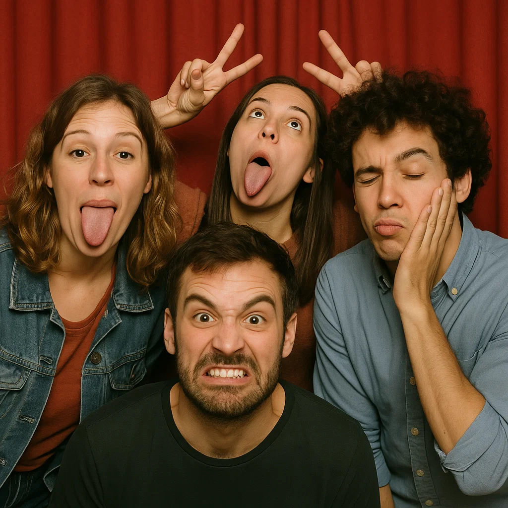 Guests strike hugging friends in selfie station photo booth rental by Party Pros East Coast