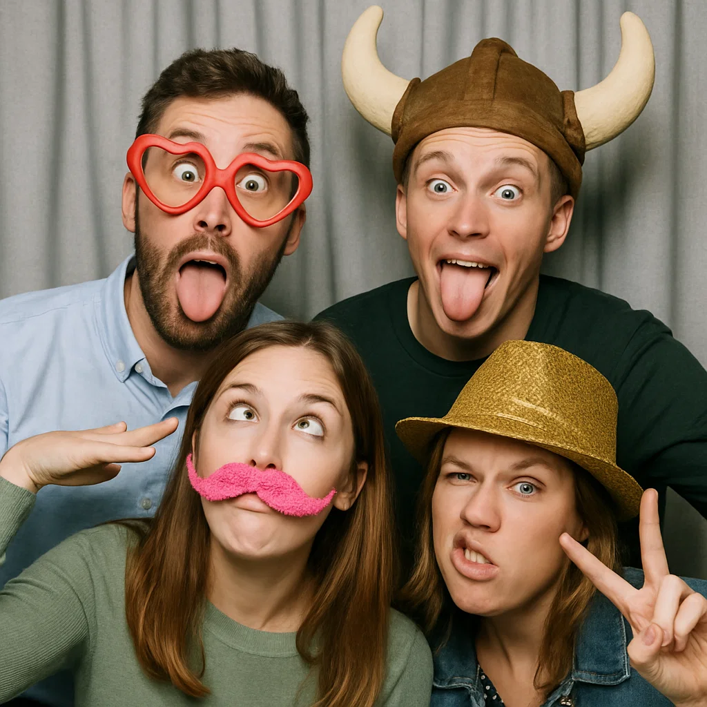 Guests strike oversized hats in rustic photo booth rental by Party Pros East Coast
