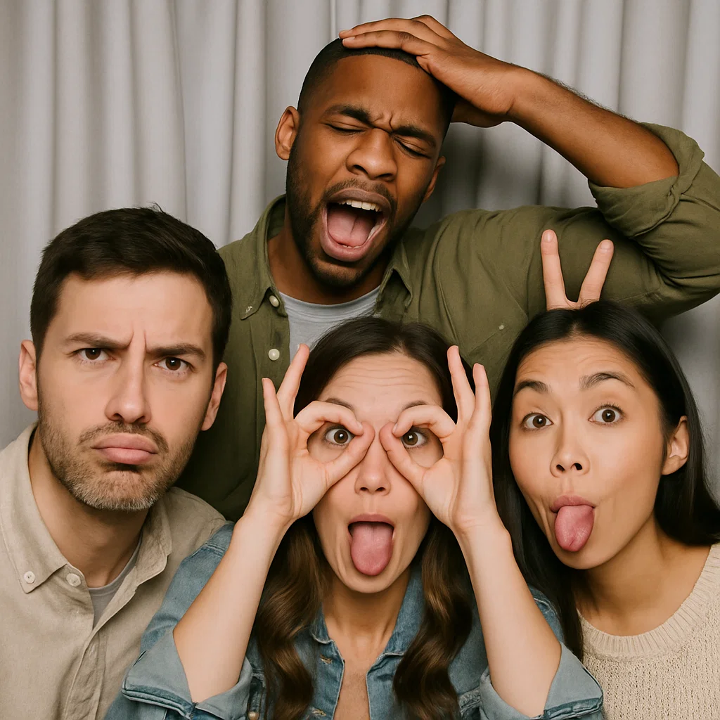 Guests strike funny faces in neon-lit photo booth rental by Party Pros East Coast