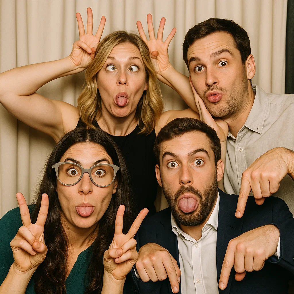Guests strike feather boas in cosmic photo booth rental by Party Pros East Coast