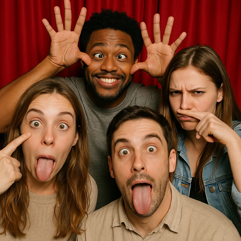 Guests strike neon wigs in retro photo booth rental by Party Pros East Coast
