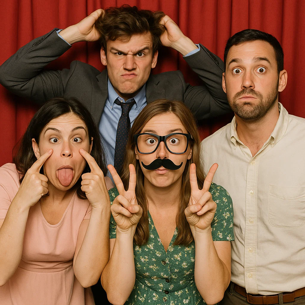 Guests strike heart hands in garden photo booth rental by Party Pros East Coast