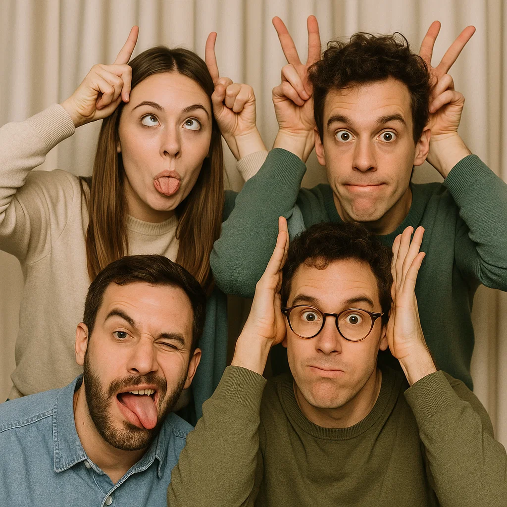Guests strike peace signs in birthday photo booth rental by Party Pros East Coast