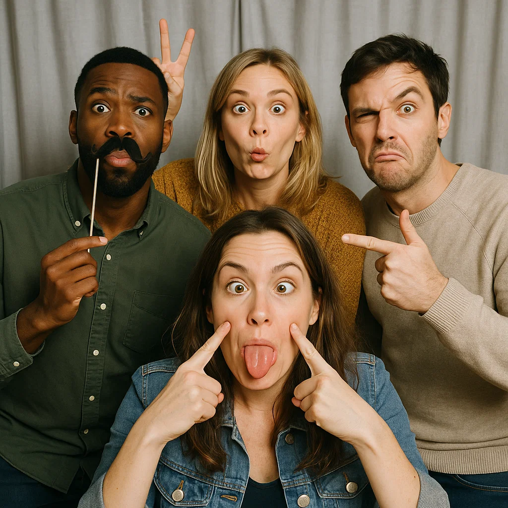 Guests strike giant sunglasses in reunion photo booth rental by Party Pros East Coast