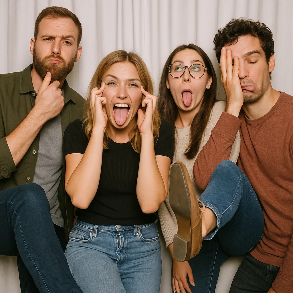 Guests strike feather boas in team-building photo booth rental by Party Pros East Coast