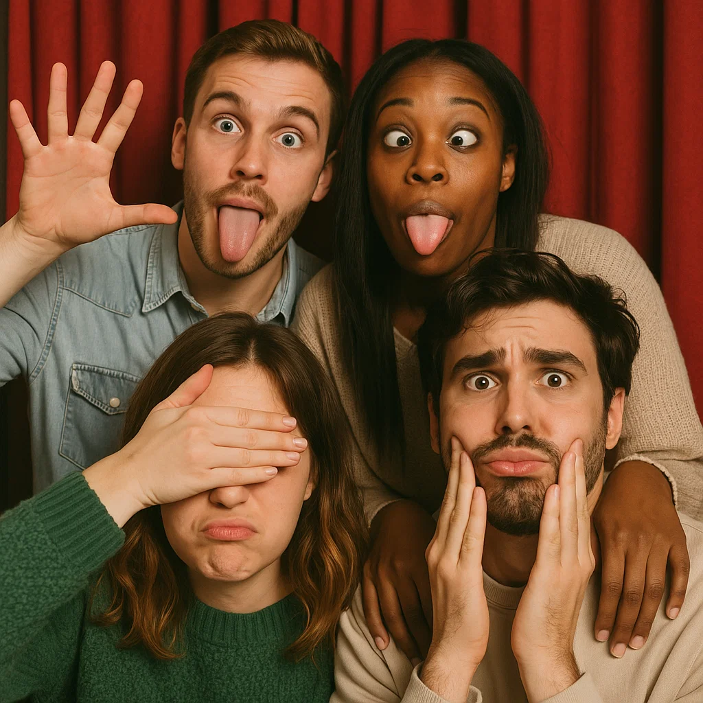 Guests strike neon wigs in trade show photo booth rental by Party Pros East Coast