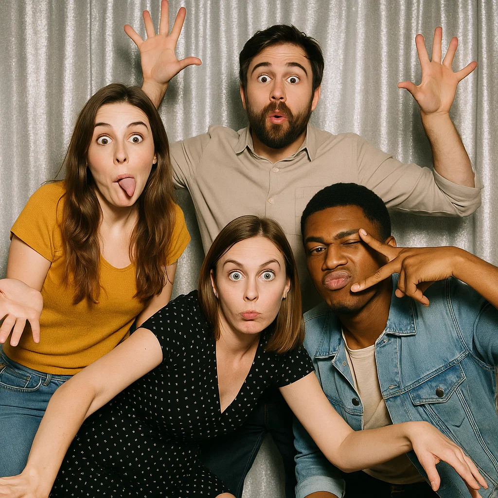 Guests strike back-to-back stances in open-air photo booth rental by Party Pros East Coast