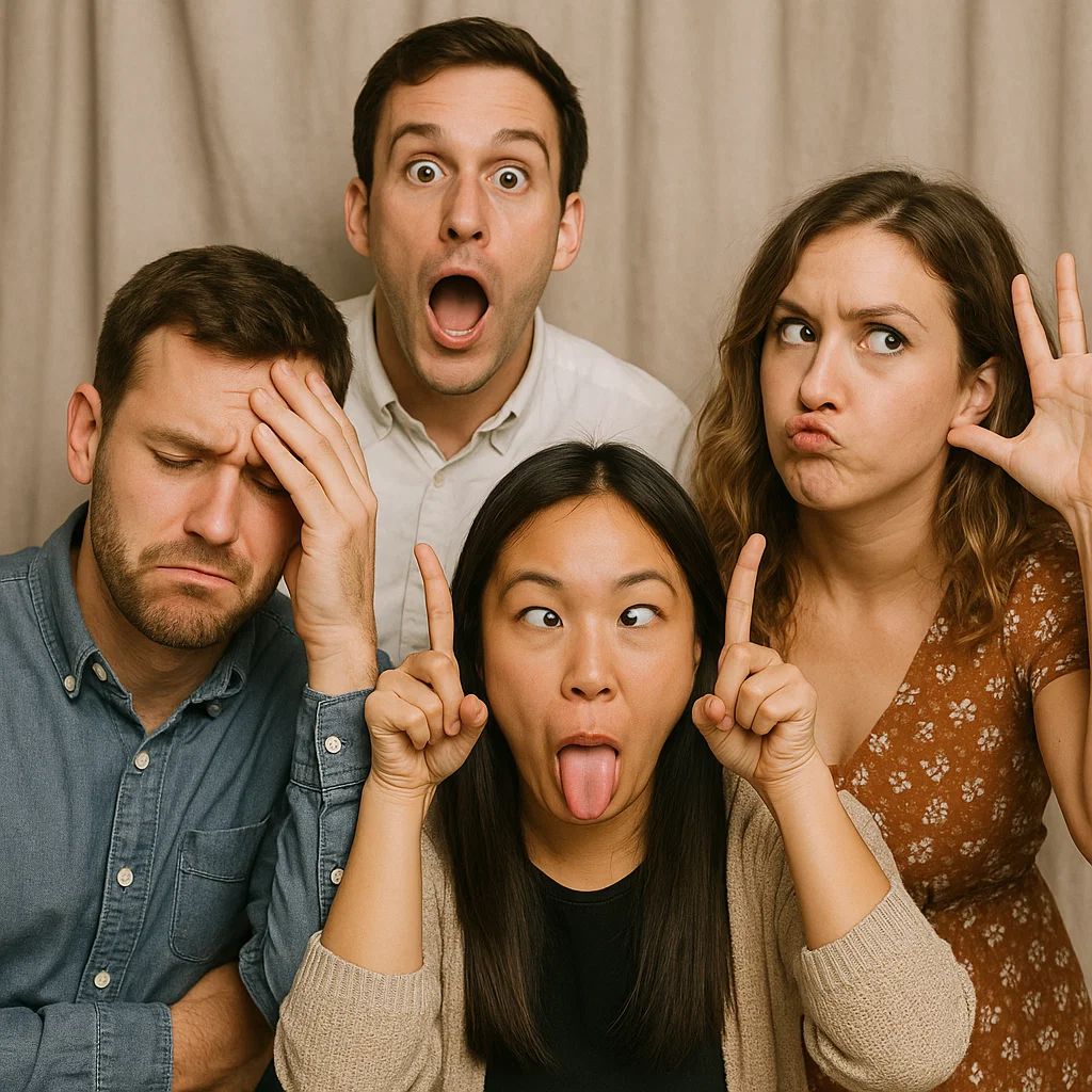 Guests strike tongues out in selfie station photo booth rental by Party Pros East Coast