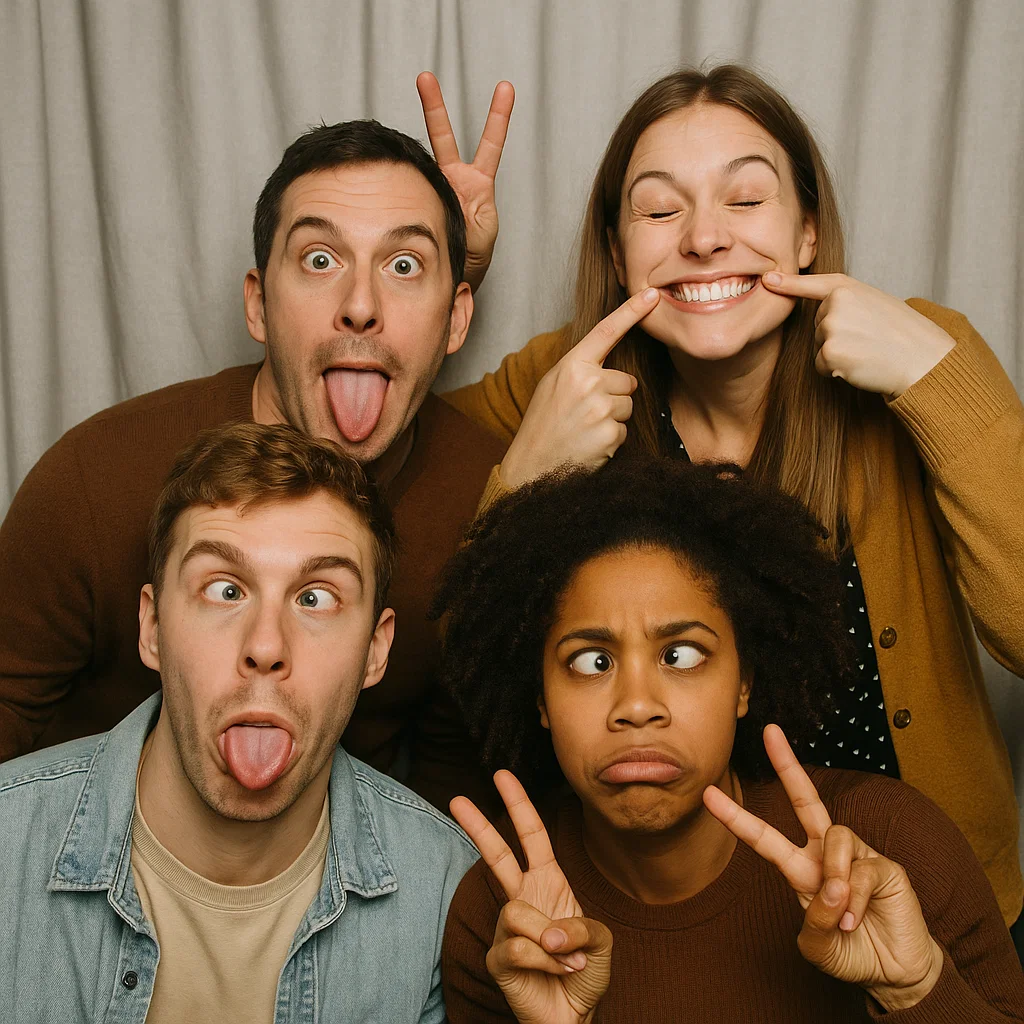 Guests strike hugging friends in rustic photo booth rental by Party Pros East Coast