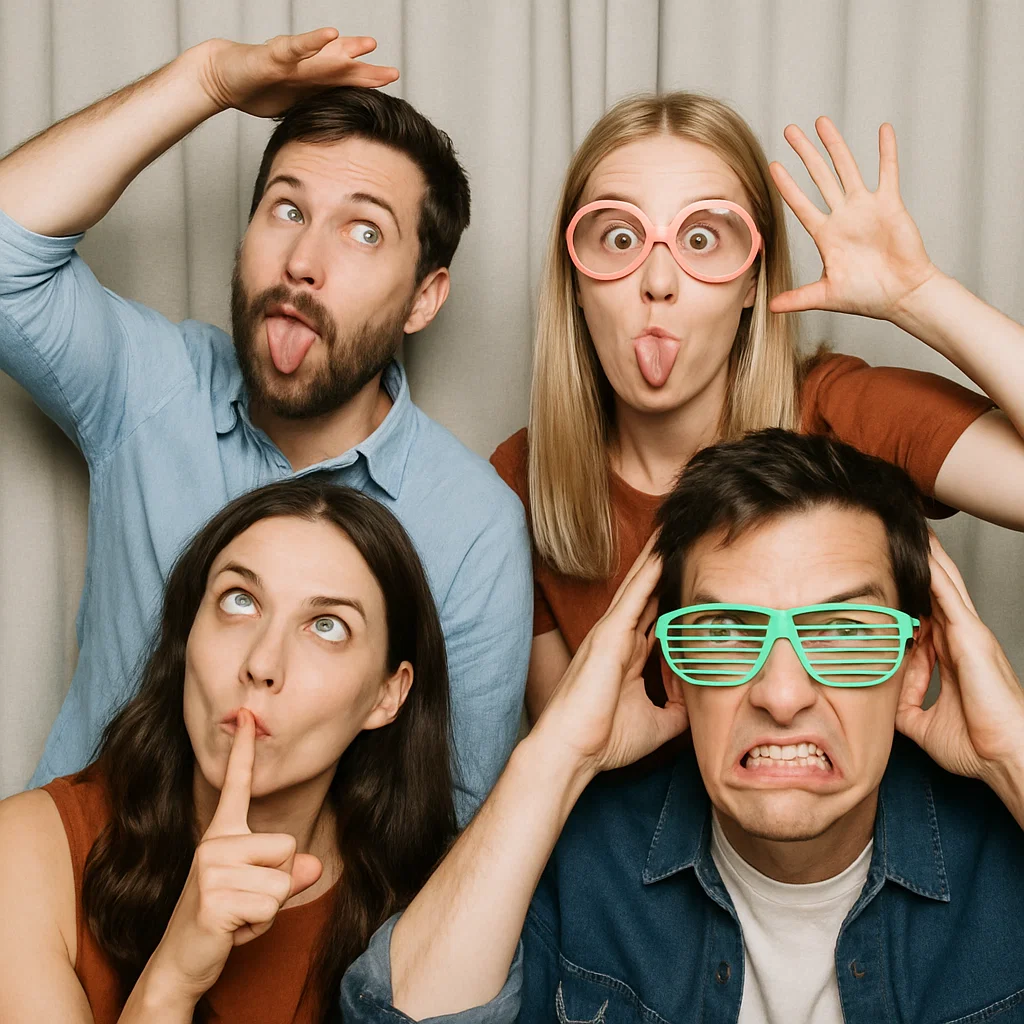 Guests strike goofy poses in tropical photo booth rental by Party Pros East Coast