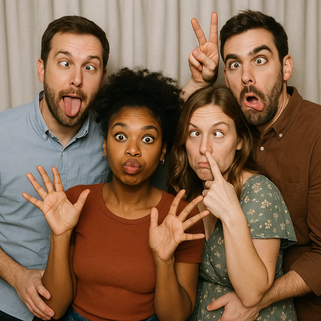 Guests strike peace signs in glow photo booth rental by Party Pros East Coast